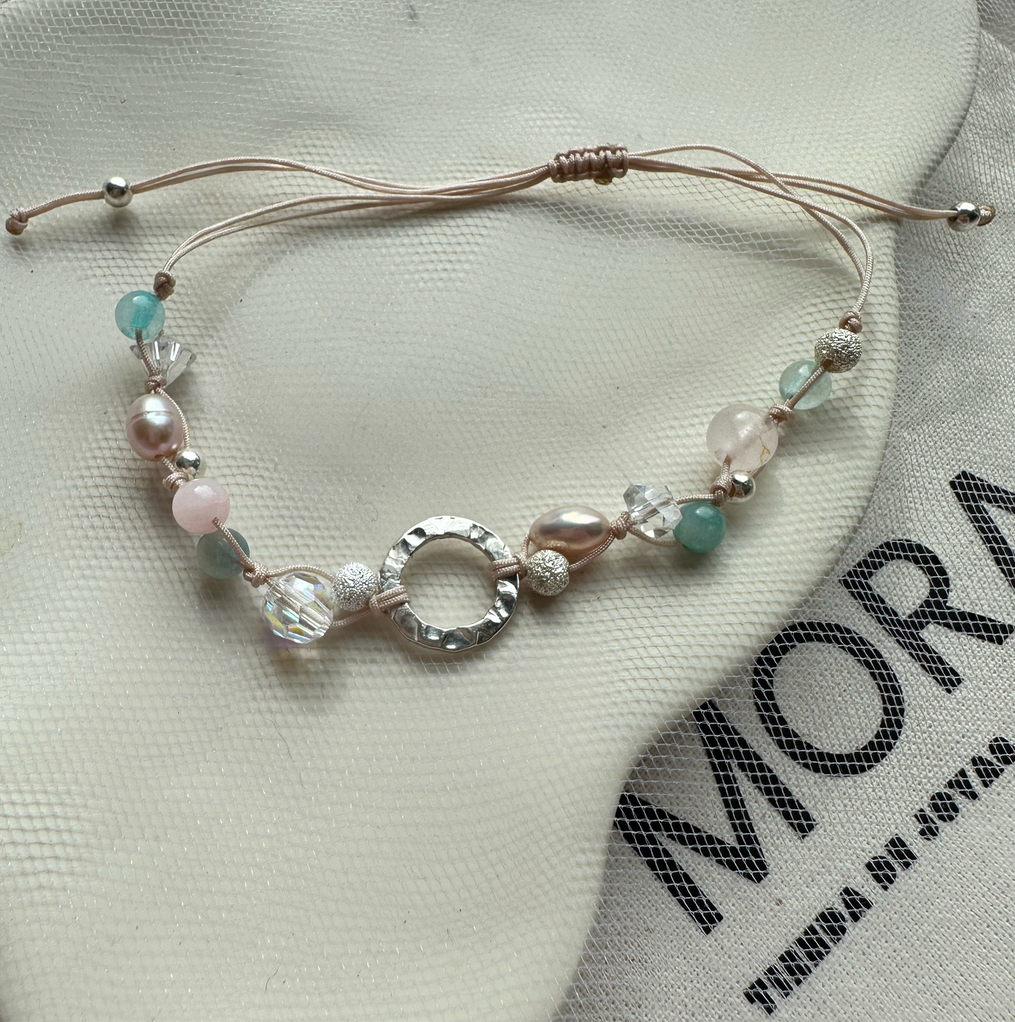 Pulsera plata 925, cuarzo rosa y cristal