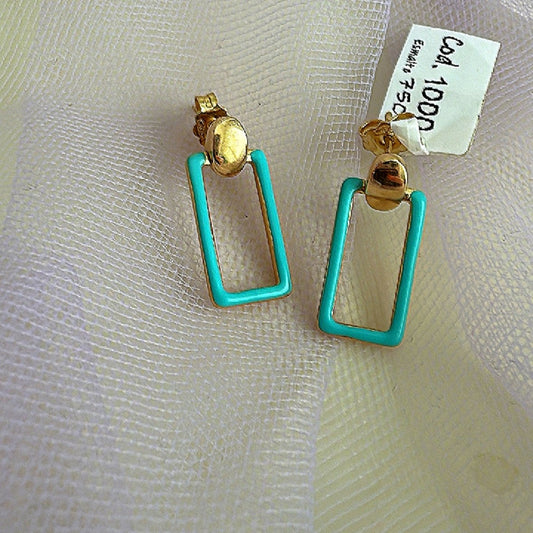 Caravanas aro rectángulo oro 18k esmalte turquesa