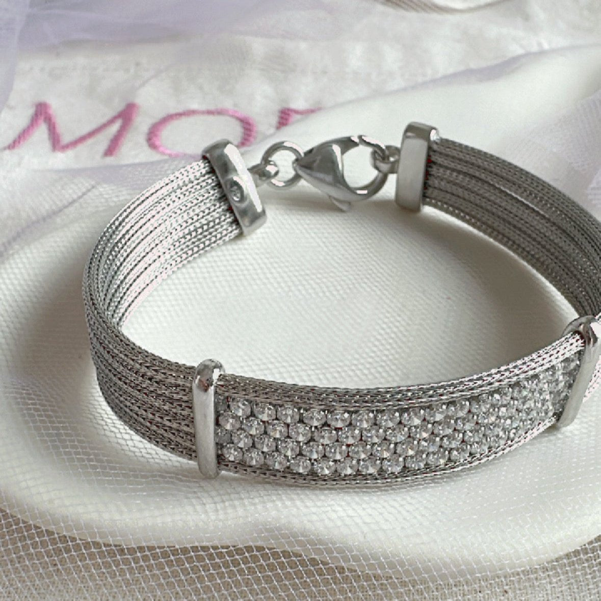 Pulsera chata plata 925 y zirconias