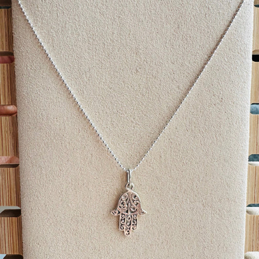 Conjunto cadena y dije mano Fátima (Hamsa) plata 925